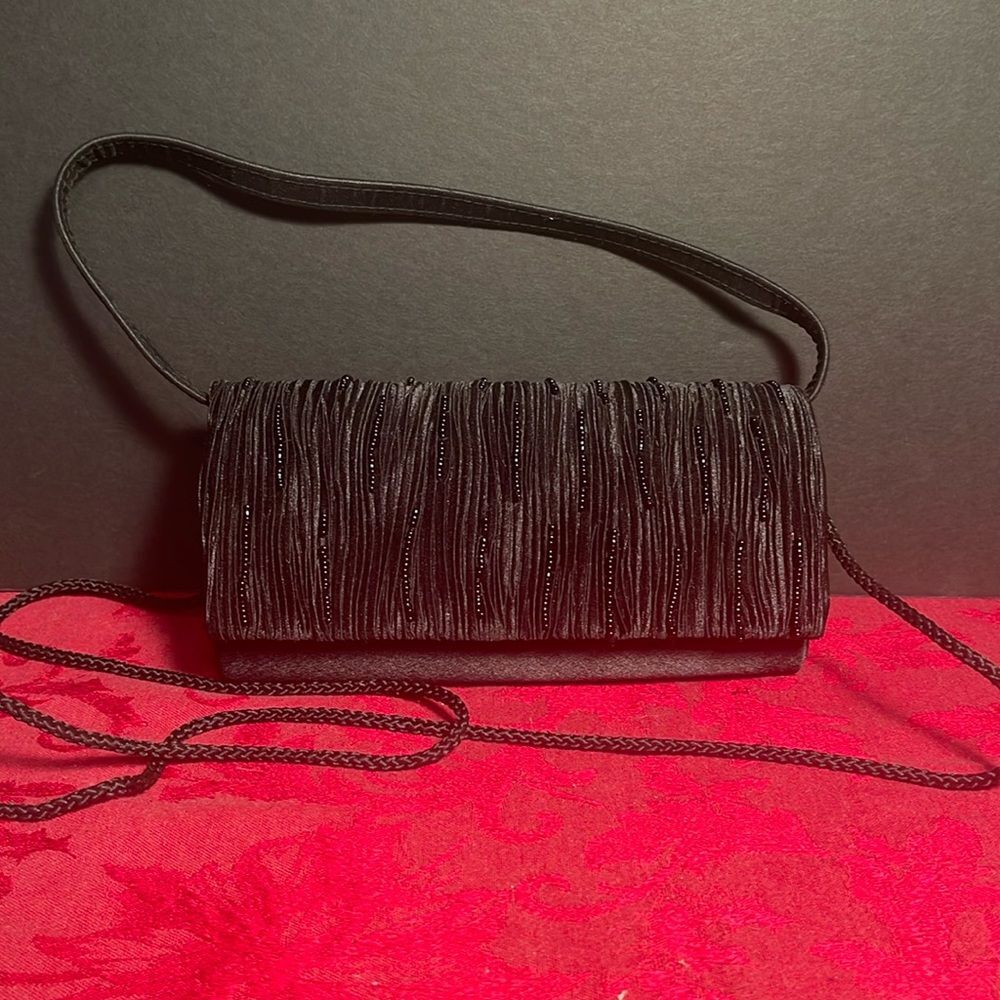Vintage Elka Black Pleated Satin‎ clutch Shoulder Bag Black Beading